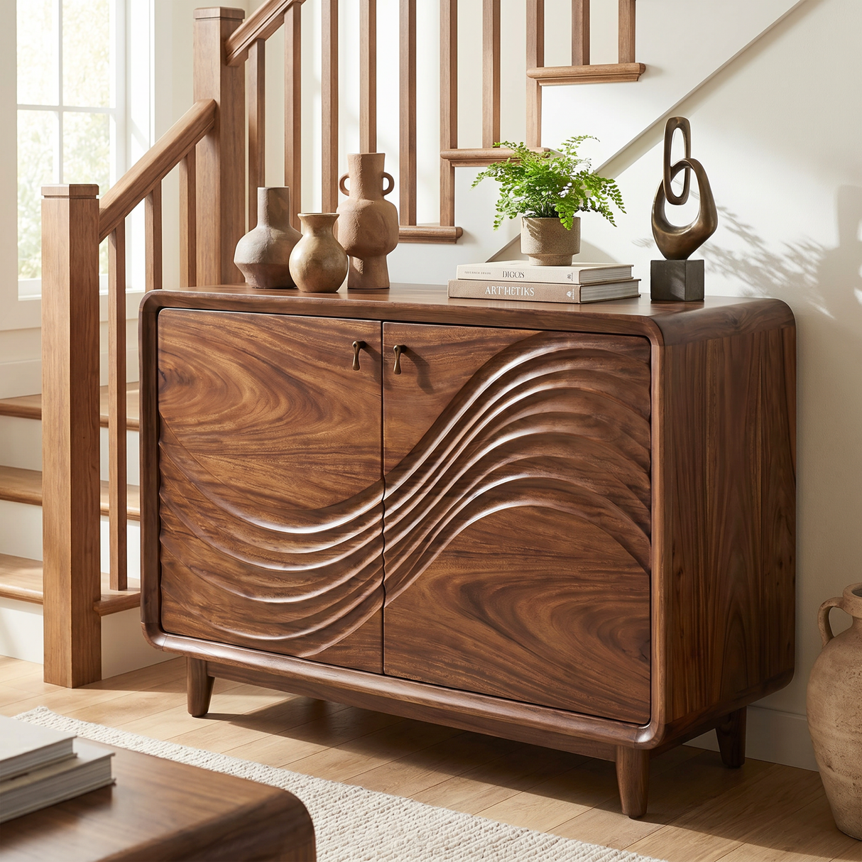 Natural Solid Wood Sideboard with Flowing Relief Carved Front
