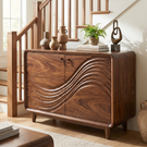 Natural Solid Wood Sideboard with Flowing Relief Carved Front