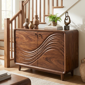Natural Solid Wood Sideboard with Flowing Relief Carved Front