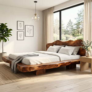 Solid Wood Platform Bed with Live Edge Headboard for Bedroom