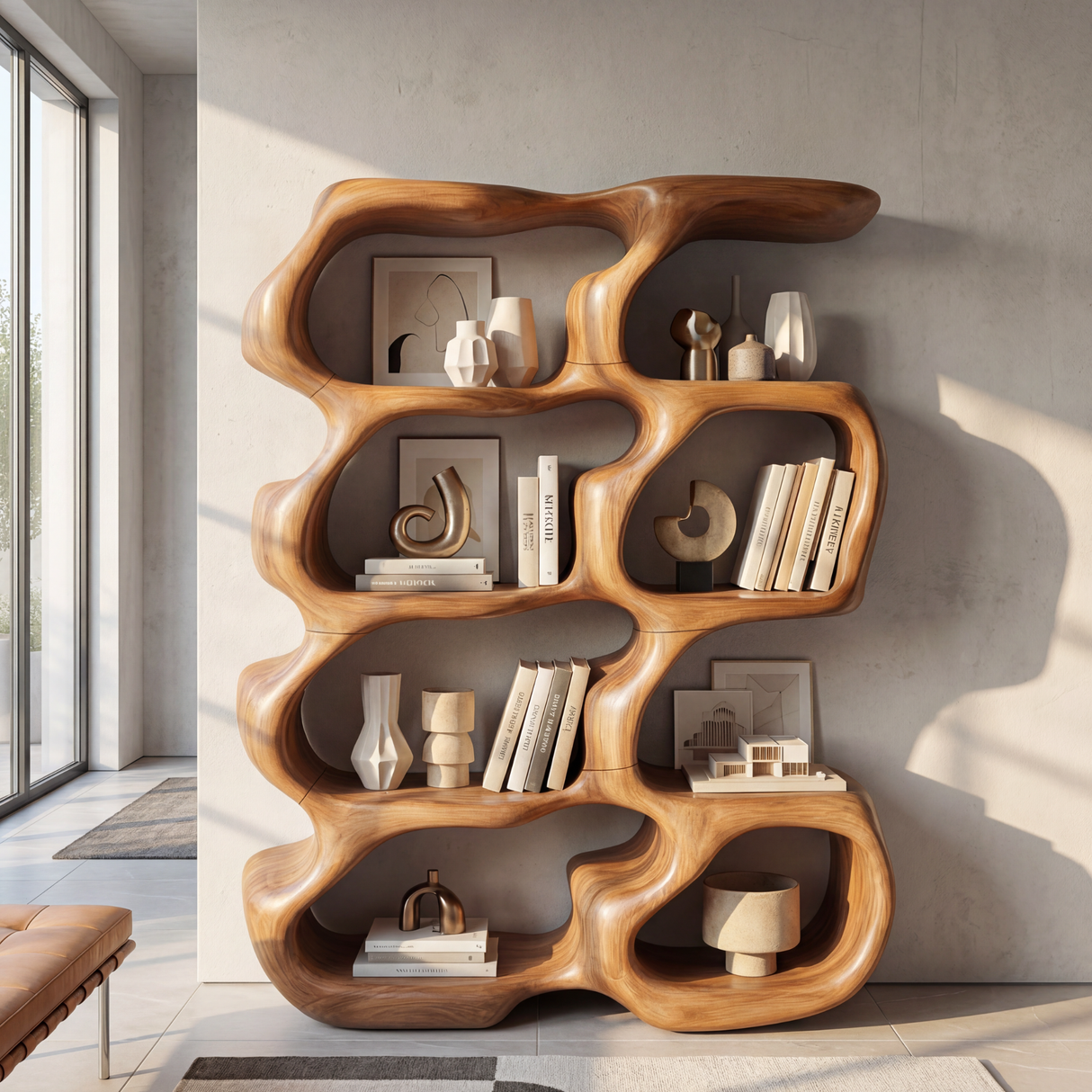 Sculptural Organic Wood Bookcase with Open Display Shelves