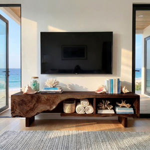 Solid Wood TV Cabinet with Organic Carved Front for Modern Living Room