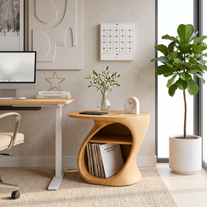 Organic Solid Wood Side Table with Open Shelf and Vinyl Record Storage