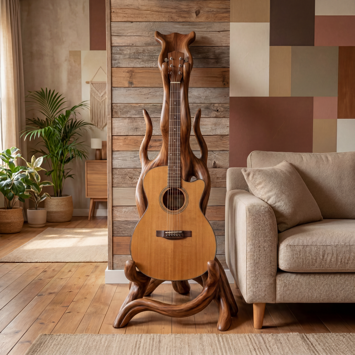 Wooden Guitar Stand with Organic Sculptural Design for Acoustic Guitar Display