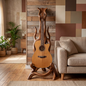 Wooden Guitar Stand with Organic Sculptural Design for Acoustic Guitar Display