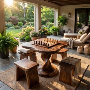 Handcrafted Solid Wood Chess Table with Organic Freeform Top and Sculptural Pedestal Base