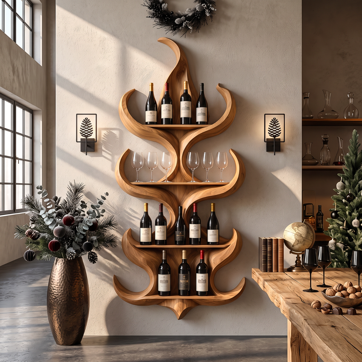 Flame Silhouette Solid Wood Wall Wine Rack with Four Display Tiers