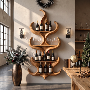 Flame Silhouette Solid Wood Wall Wine Rack with Four Display Tiers