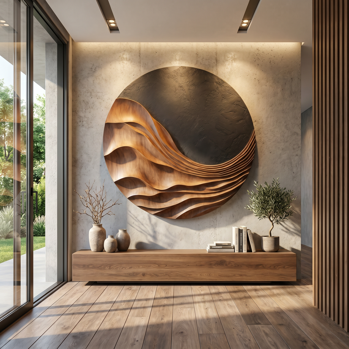 Handcrafted Round Wood Wall Sculpture with Flowing Layered Relief and Charcoal Textured Contrast