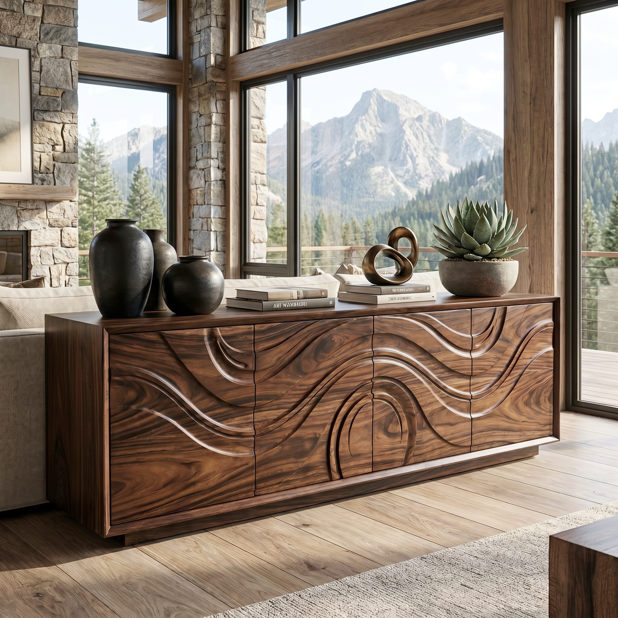 TV Console Sideboard Solid Wood with Wave Carved Cabinet Storage