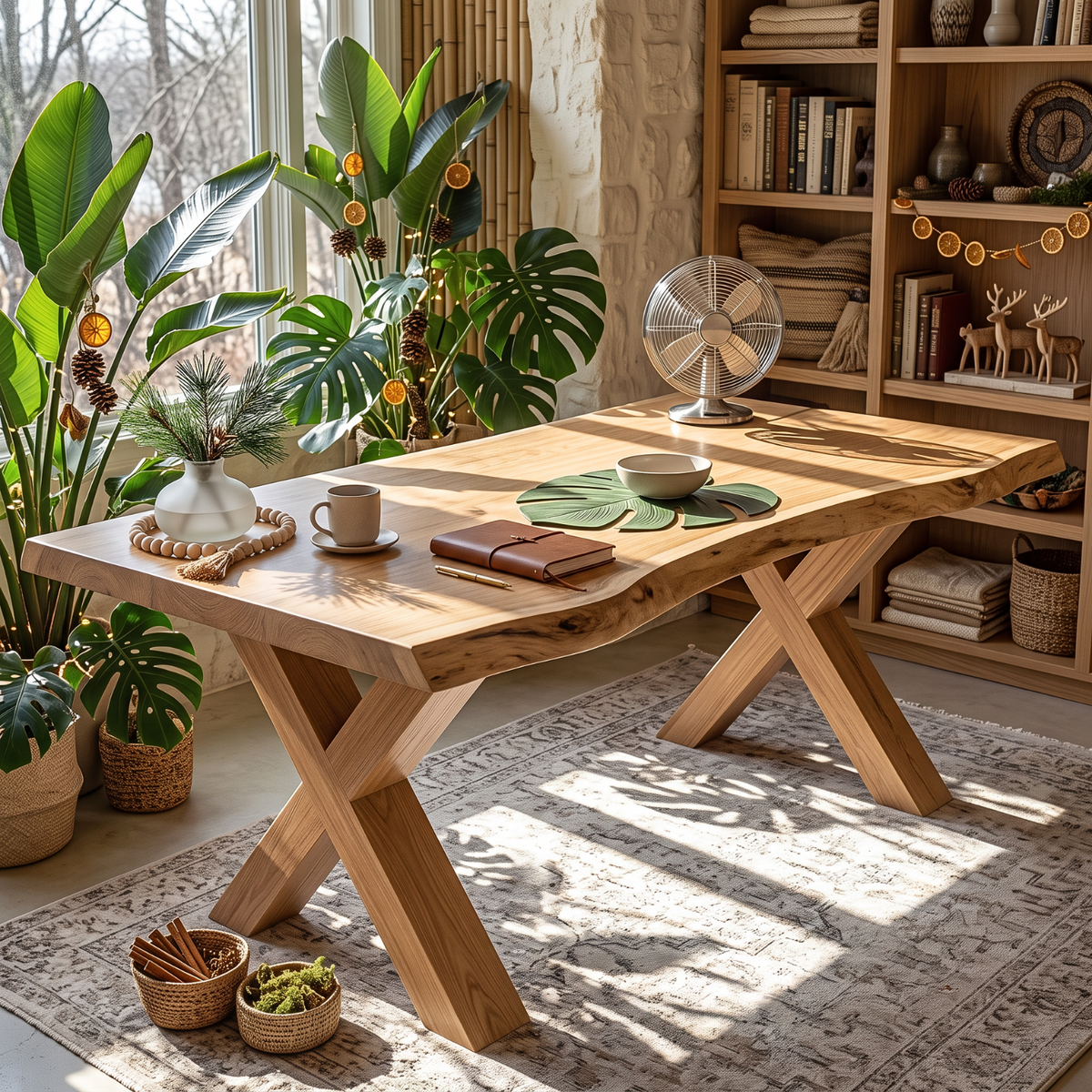 Live Edge Solid Wood Desk with Sculptural X Legs for Home Office