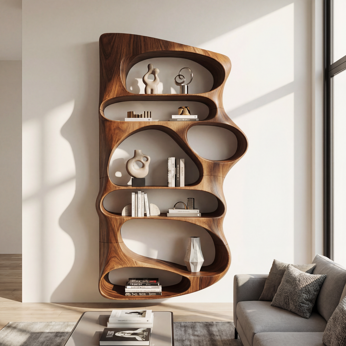 Wall Mounted Sculptural Wood Shelf with Flowing Open Niches