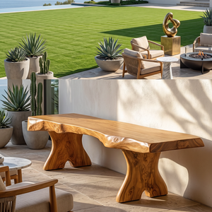 Natural Live Edge Wood Bench with Sculptural Solid Wood Legs