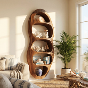 Vertical Organic Wood Bookcase with Sculpted Open Niches