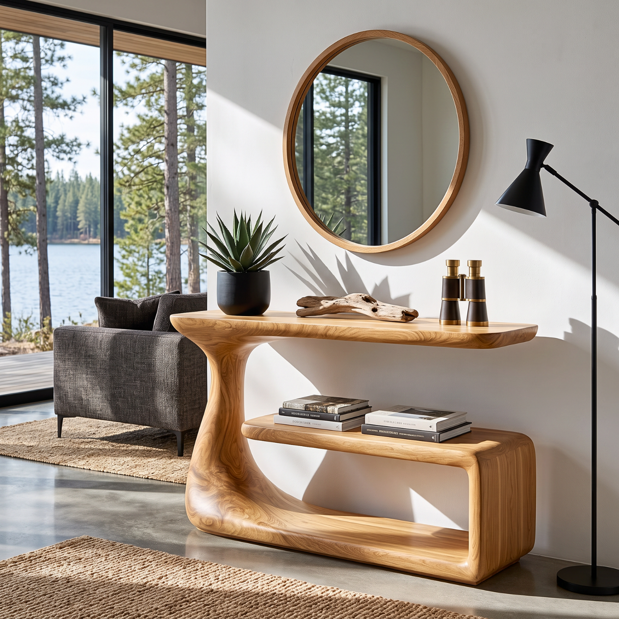 Console Table with Organic Curved Frame and Open Display Shelf