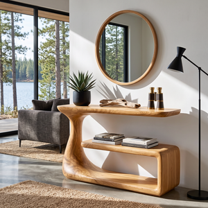 Console Table with Organic Curved Frame and Open Display Shelf