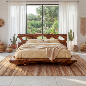 Sculptural Solid Wood Bed with Openwork Headboard and Low Platform Base