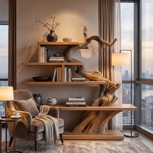 Organic Solid Wood Bookshelf with Sculptural Tree Form Modern Display Shelf Storage Unit