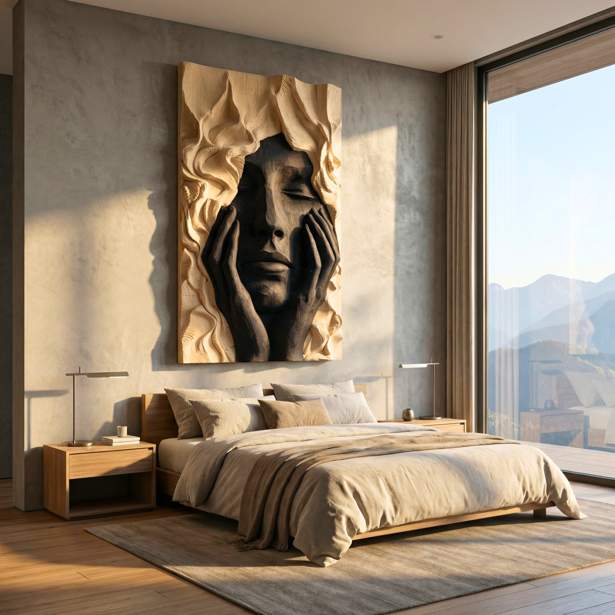 Handcrafted Solid Wood Wall Art Panel with Expressive Portrait Relief