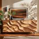 Sideboard Solid Wood with Sculptural Cascade Relief Doors for Living Room Decor