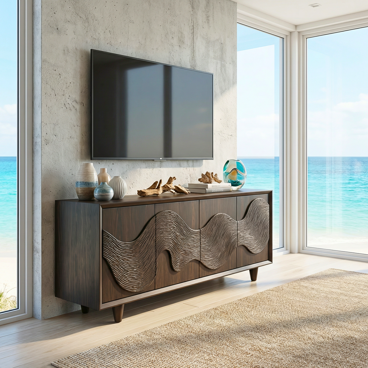 Solid Wood TV Cabinet with Wave Carved Doors for Organic Modern Interiors
