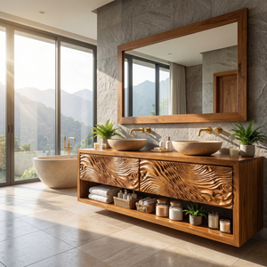 Double Vanity Cabinet with Carved Wave Front and Open Shelf