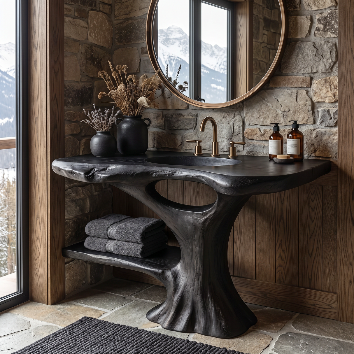 Bathroom Vanity Solid Wood with Organic Trunk Pedestal and Side Shelf for Powder Room