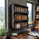 Handmade Solid Wood Kitchen Spice Rack with Rounded Box Frame and Triple Shelf Storage