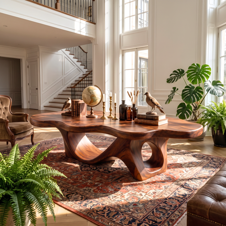 Coffee Table Solid Wood with Sculptural Double Loop Base for Living Room