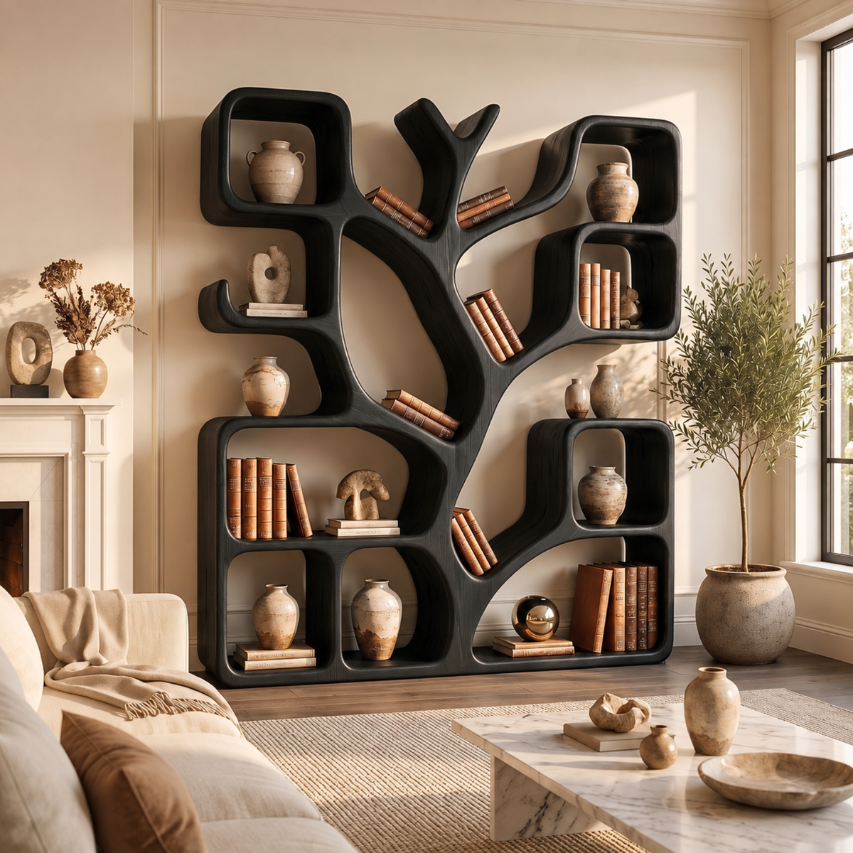 Handcrafted Solid Wood Tree Bookshelf with Organic Open Display Shelves