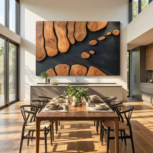 Abstract Sculptural Wood Wall Art Panel with Black Textured Ground