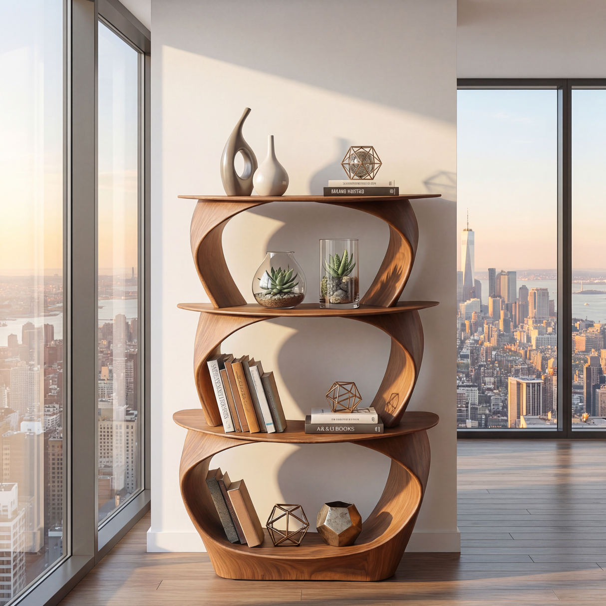 Stacked Loop Wood Display Shelf with Three Tier Open Shelving