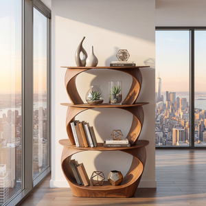 Stacked Loop Wood Display Shelf with Three Tier Open Shelving