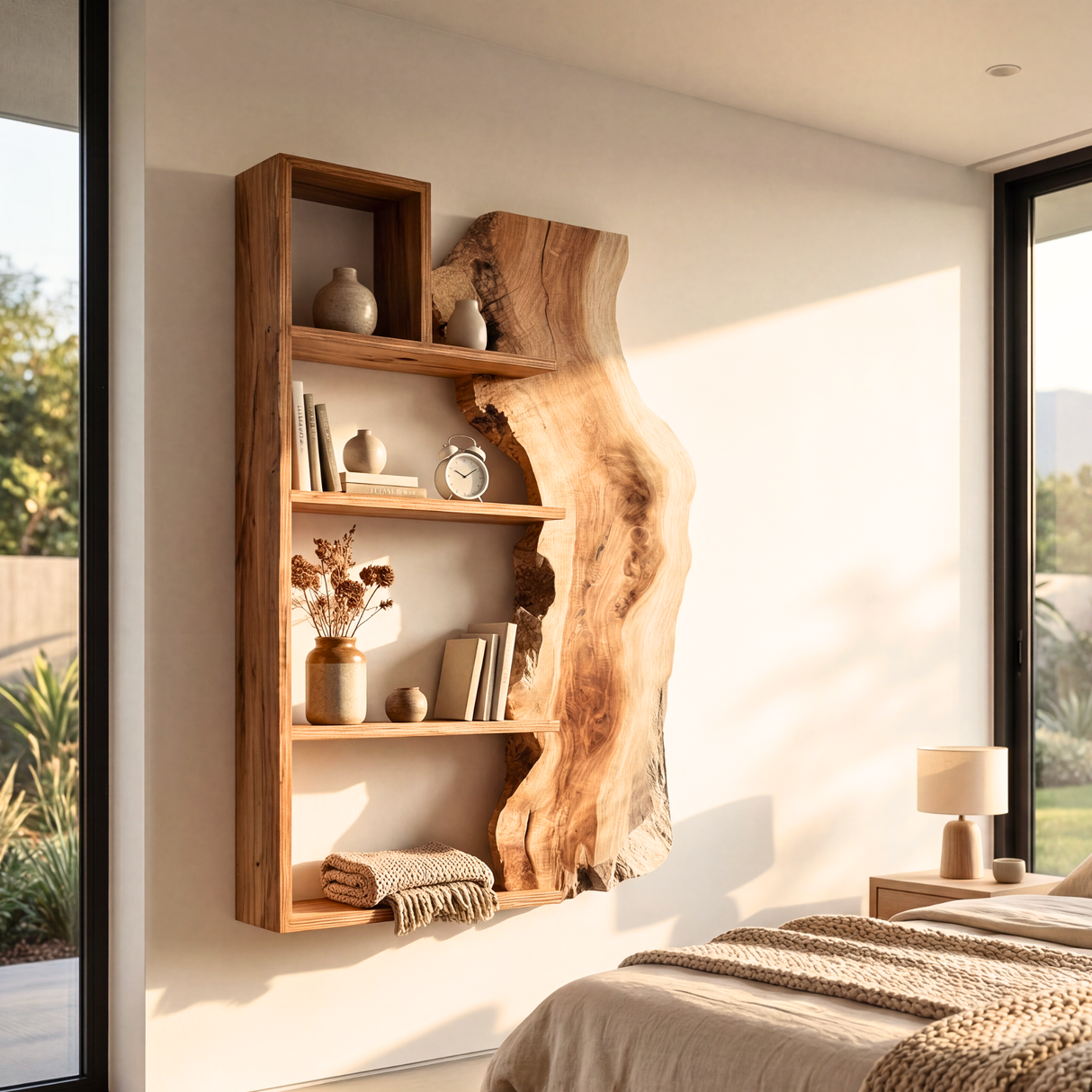 Solid Wood Live Edge Wall Shelf Geometric Frame Multi Tier Floating Storage