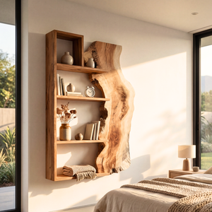 Solid Wood Live Edge Wall Shelf Geometric Frame Multi Tier Floating Storage