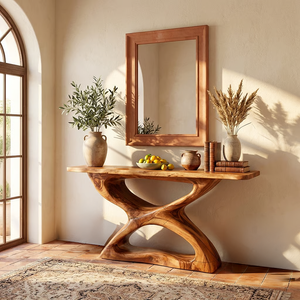 Handcrafted Natural Wood Console Table with Sculpted Base