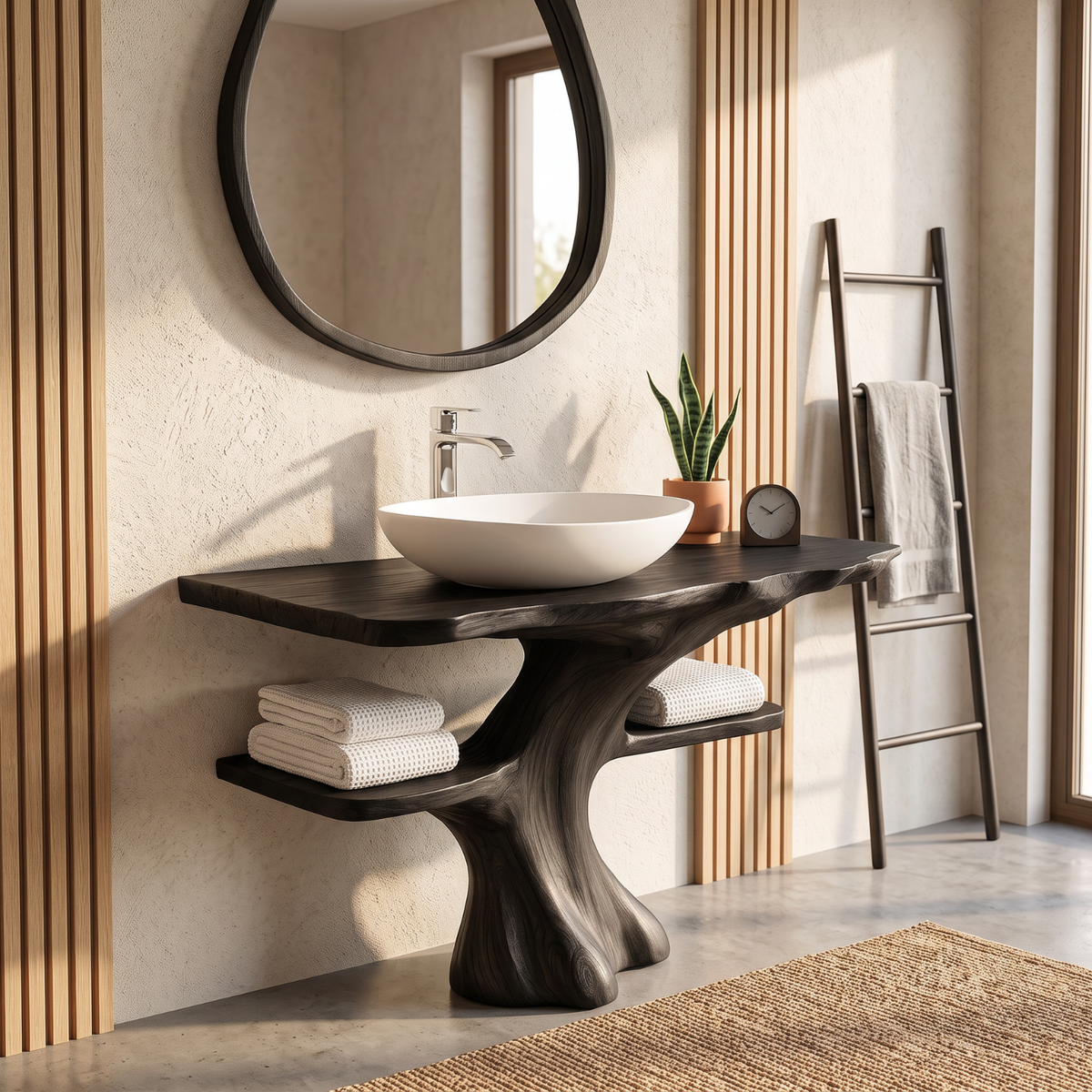 Solid Wood Bathroom Vanity with Sculptural Tree Base and Open Shelves