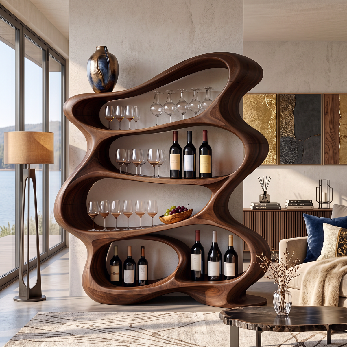 Handcrafted Solid Wood Wine Rack Cabinet with Flowing Open Shelves