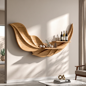 Sculptural Feather Wall Mounted Wine Holder in Solid Wood with Display Shelves