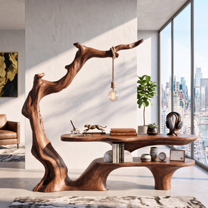 Sculptural Work Desk Tree Inspired Design with Hanging Lamp Organic Modern Workspace Table