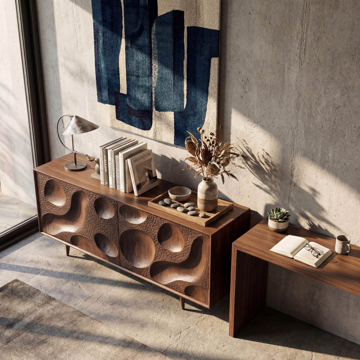 Solid Wood Sideboard with Hand Carved Crater Front