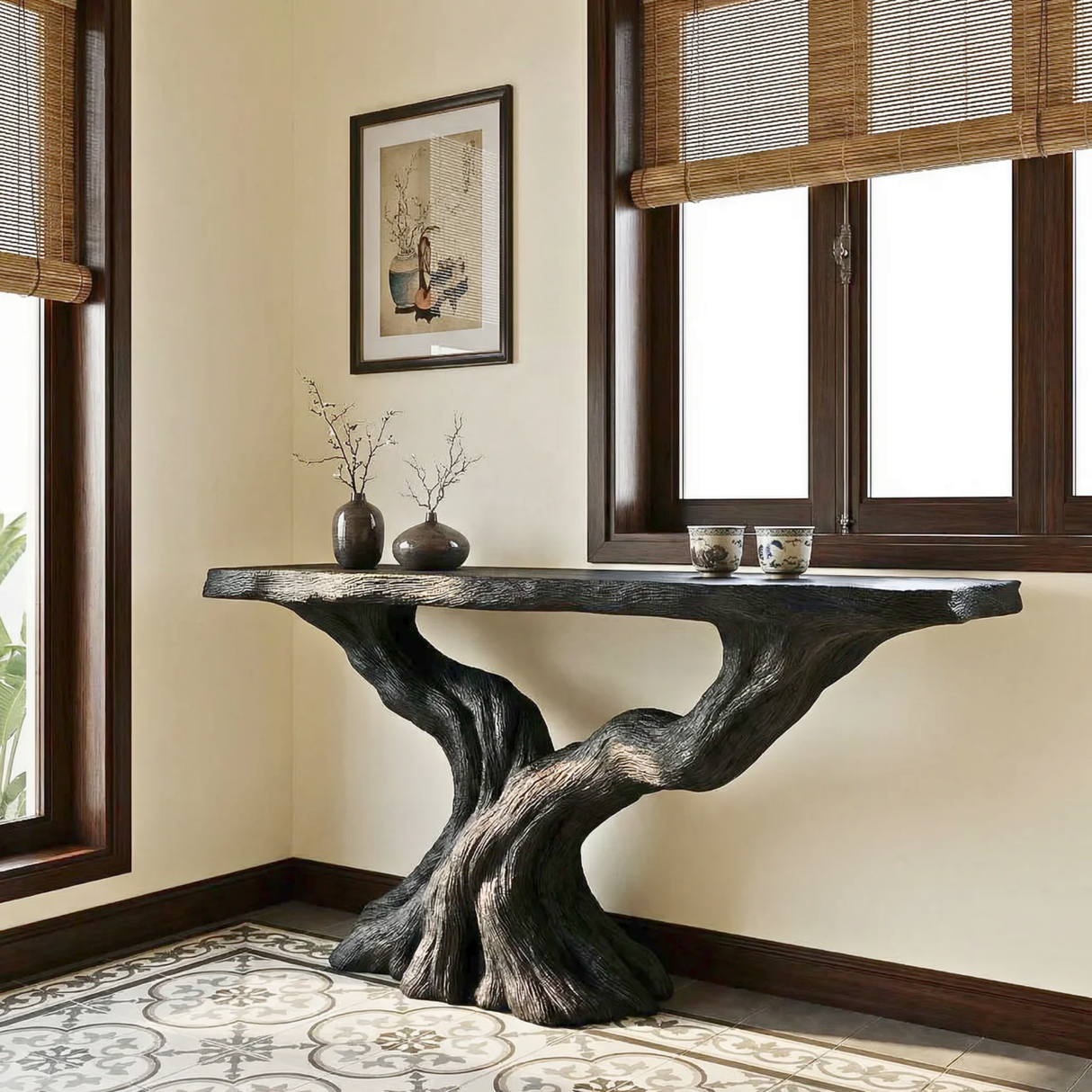 Sculptural Wood Console Table with Tree Form Base