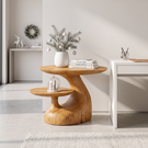 Handcrafted Solid Wood Side Table with Floating Shelf and Sculptural Curve Base
