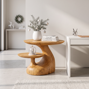 Handcrafted Solid Wood Side Table with Floating Shelf and Sculptural Curve Base