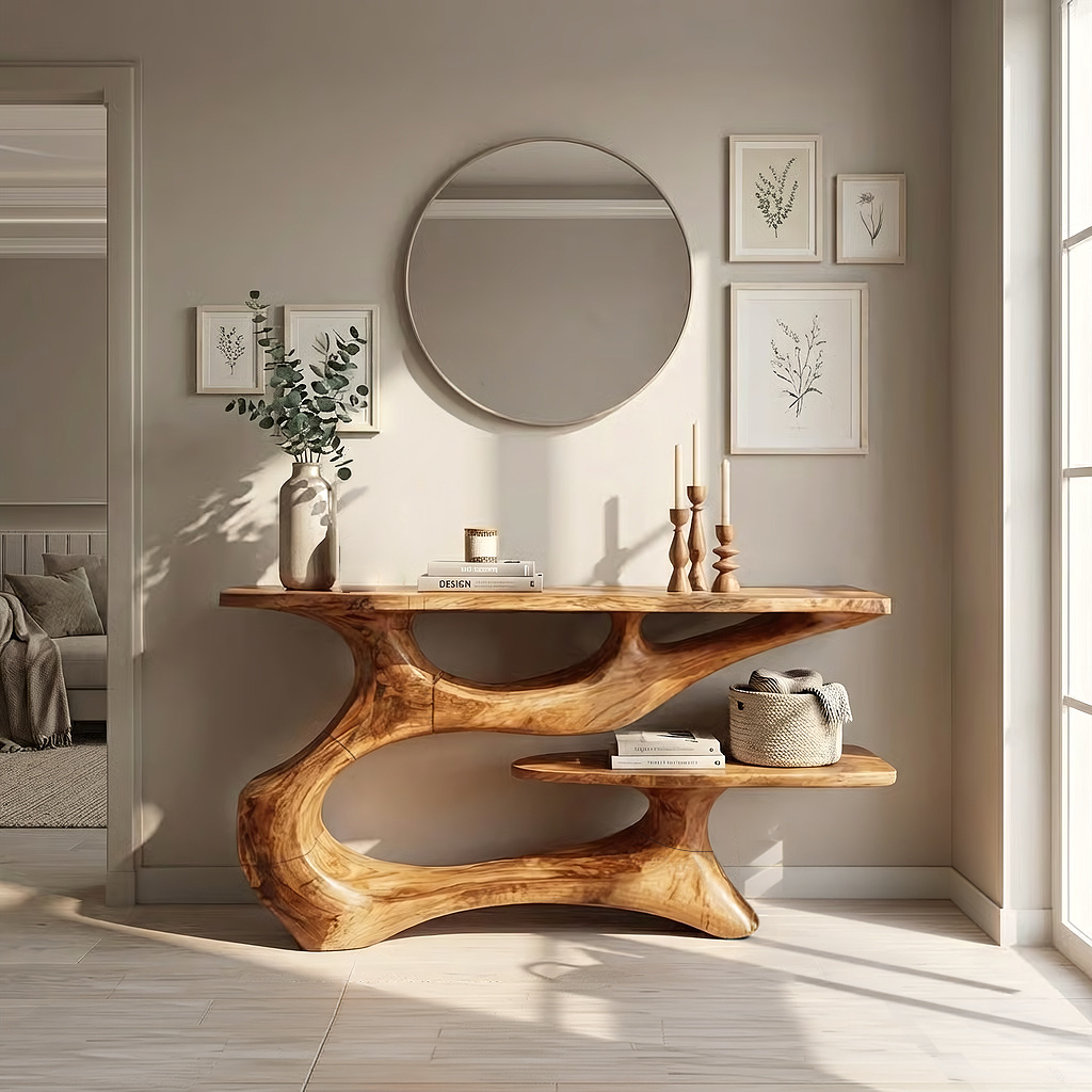 Organic Solid Wood Console Table with Floating Shelf