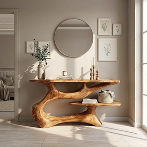 Organic Solid Wood Console Table with Floating Shelf