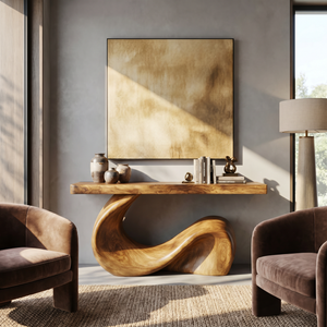 Console Table Solid Wood with Sculptural Wave Base for Entryway Decor