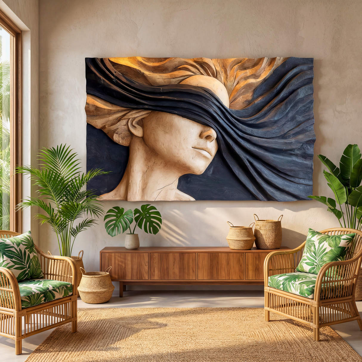 Ethereal Flow Wooden Relief Portrait Sculpture Wall Art