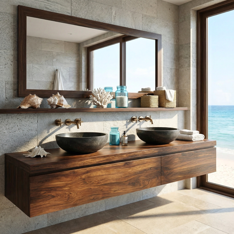 Floating Wood Double Vanity Cabinet for Two Vessel Sinks
