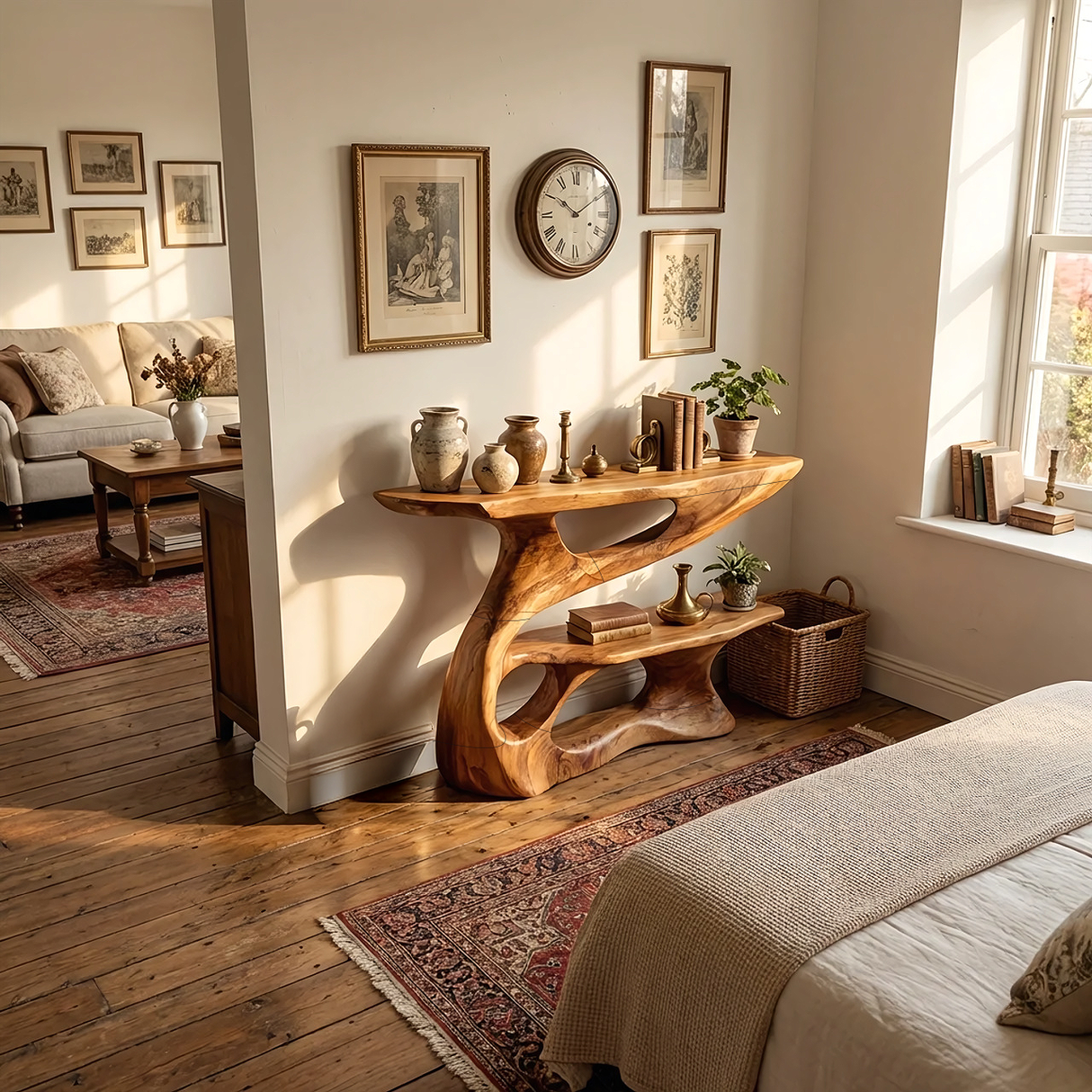 Modern Sculpted Wood Console Table with Open Shelf